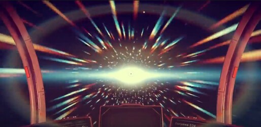 A still from the movie 2001 A Space Odyssey - a view from the cockpit of the spacecraft with shining and distorted lights