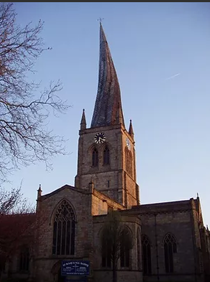 A photo of the wonky steeple of Chesterfield Cathedral