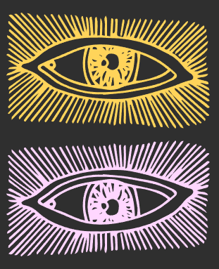 Sketchy illustration of two eyes. One in yellow and one in pink